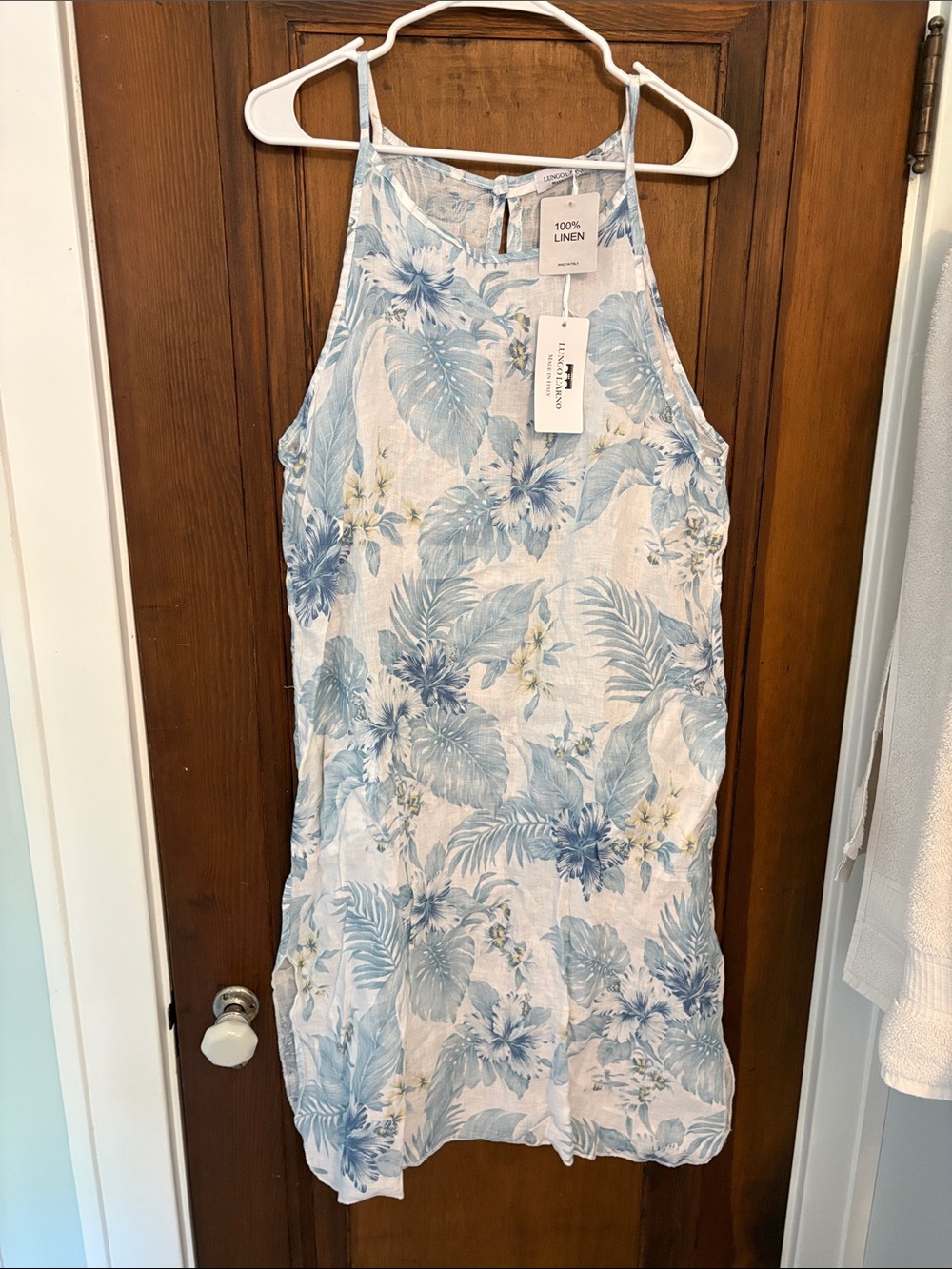Light Blue Floral Linen Halter Dress